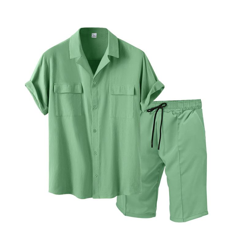Men's Summer Solid Color Set Youth Lapel Shirt + Shorts Casual Two Piece Set