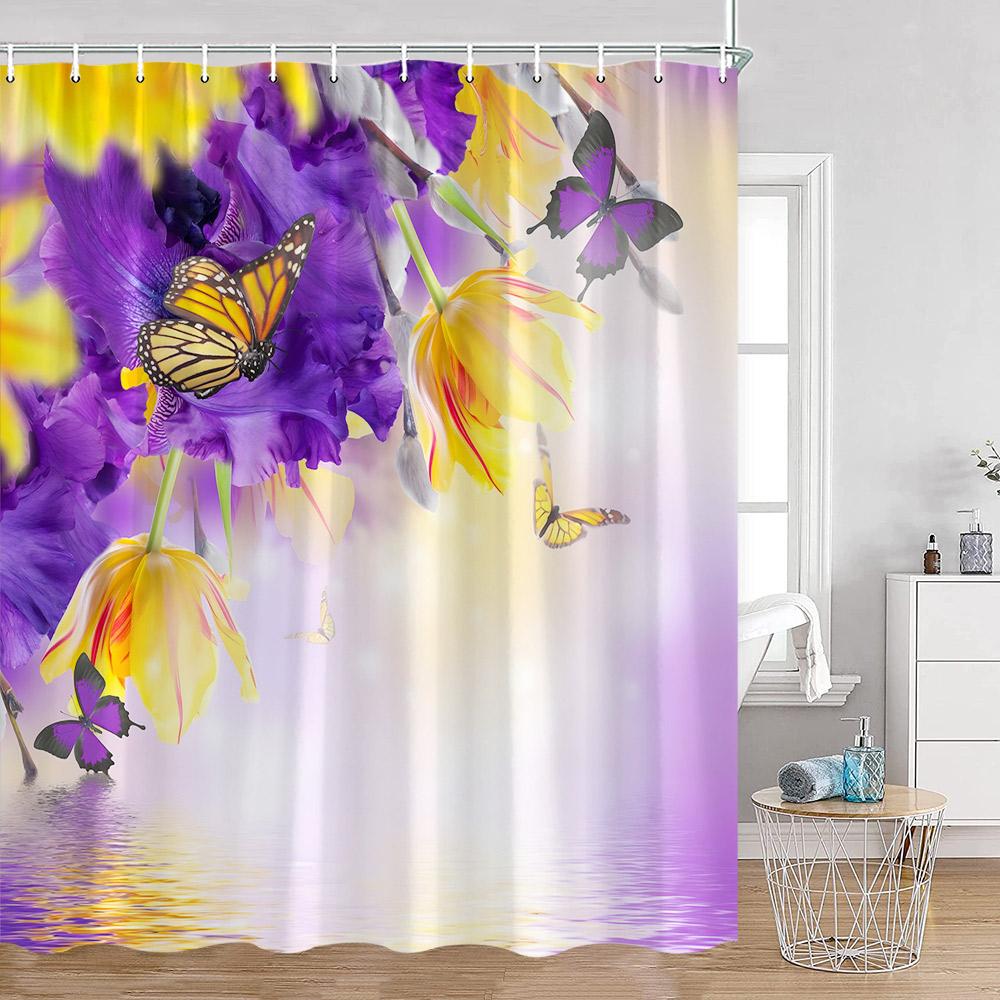 Butterfly Shower Curtains Multicolored Flowers Pastoral Floral Bathroom Decorations Rustic Polyester Bath Curtains with Hooks