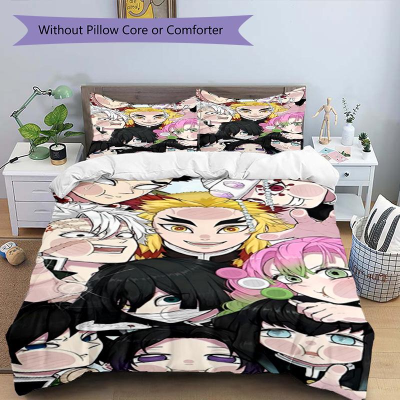 Set cuvertură de pilota 3 buc (1 * Husă de pilota + 2 * Față de pernă, Fără Miez), Set de așternut cu imprimeu Demon Slayer, Decor pentru dormitor, Pentru toate anotimpurile, Cadou de ziua de naștere