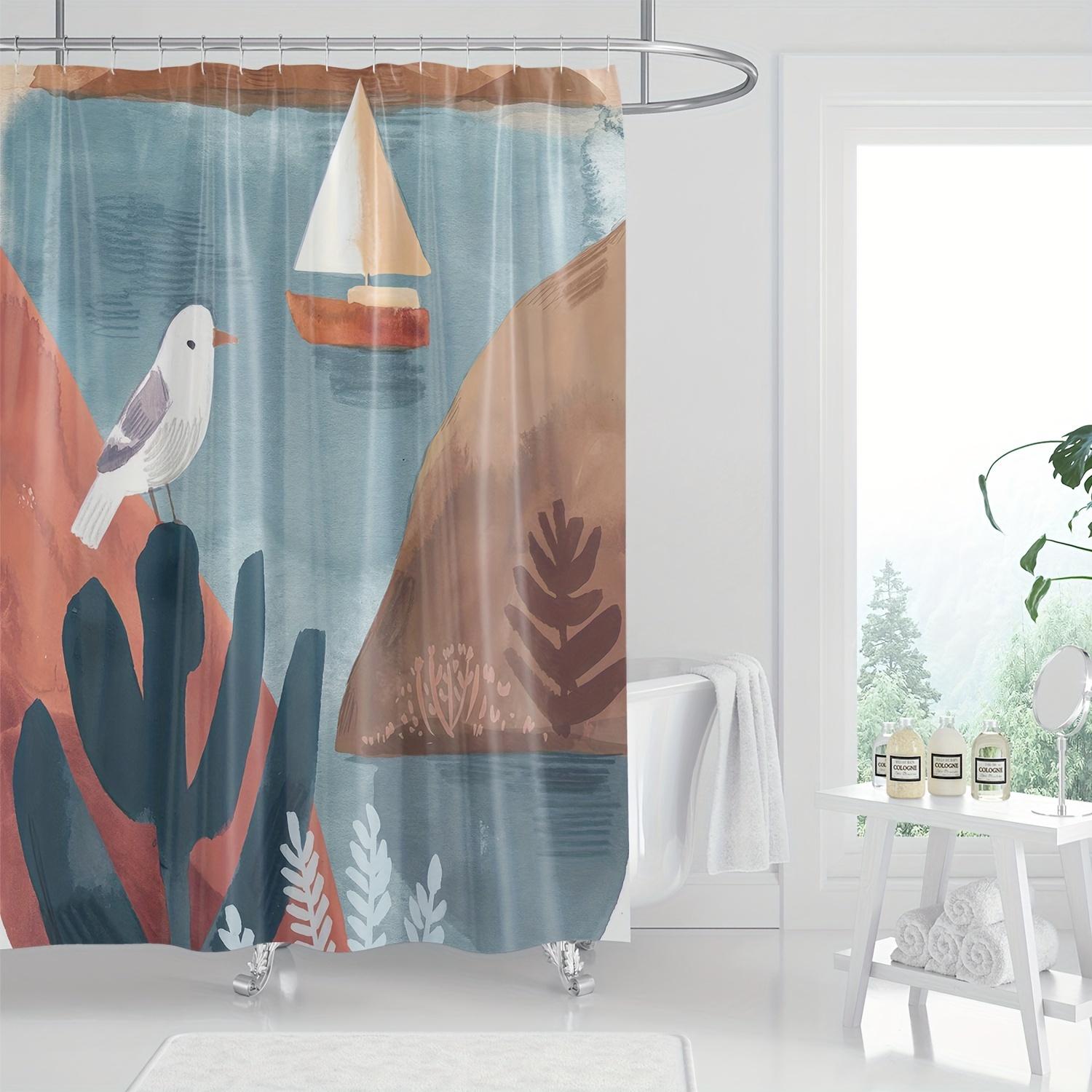 Modern Simple Colorful Shower Curtain - Digital Print, Water-Resistant, Vibrant Nautical Design with Sailboat & Seagull W90xH180cm