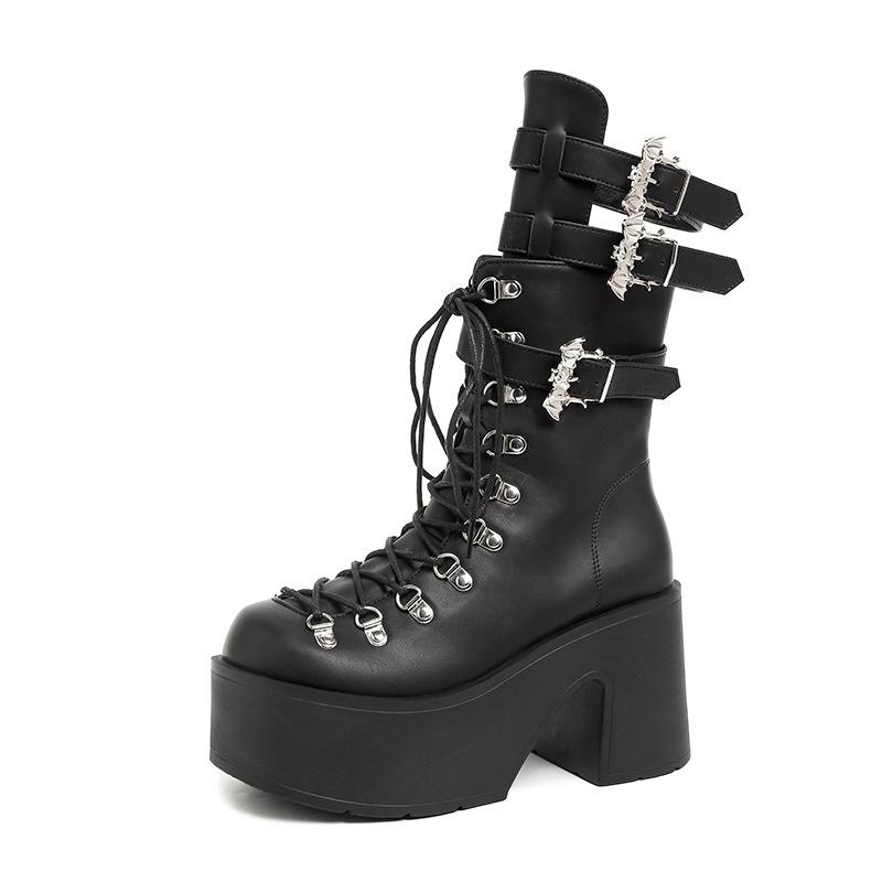 Comemore Punk Goth Women Motorcycle Boots Belt Buckle Thick Bottom Platform Shoes Woman Black Cool Street Mid-calf Botas Female