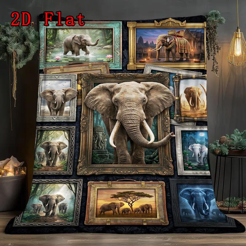 Elephant Art Collection 2D Flat Pattern Flannel Blanket, High quality All Seasons, Home Decor, Warmth and Comfort, Perfect for Christmas Gifts.