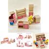 Entzückendes Holzpuppenhaus-Möbelset für Kinder mit farbenfrohen Schlafzimmer-, Küchen- und Wohnzimmer-Accessoires
