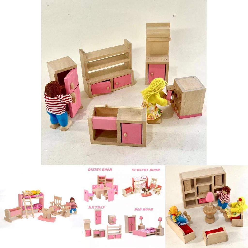 Entzückendes Holzpuppenhaus-Möbelset für Kinder mit farbenfrohen Schlafzimmer-, Küchen- und Wohnzimmer-Accessoires