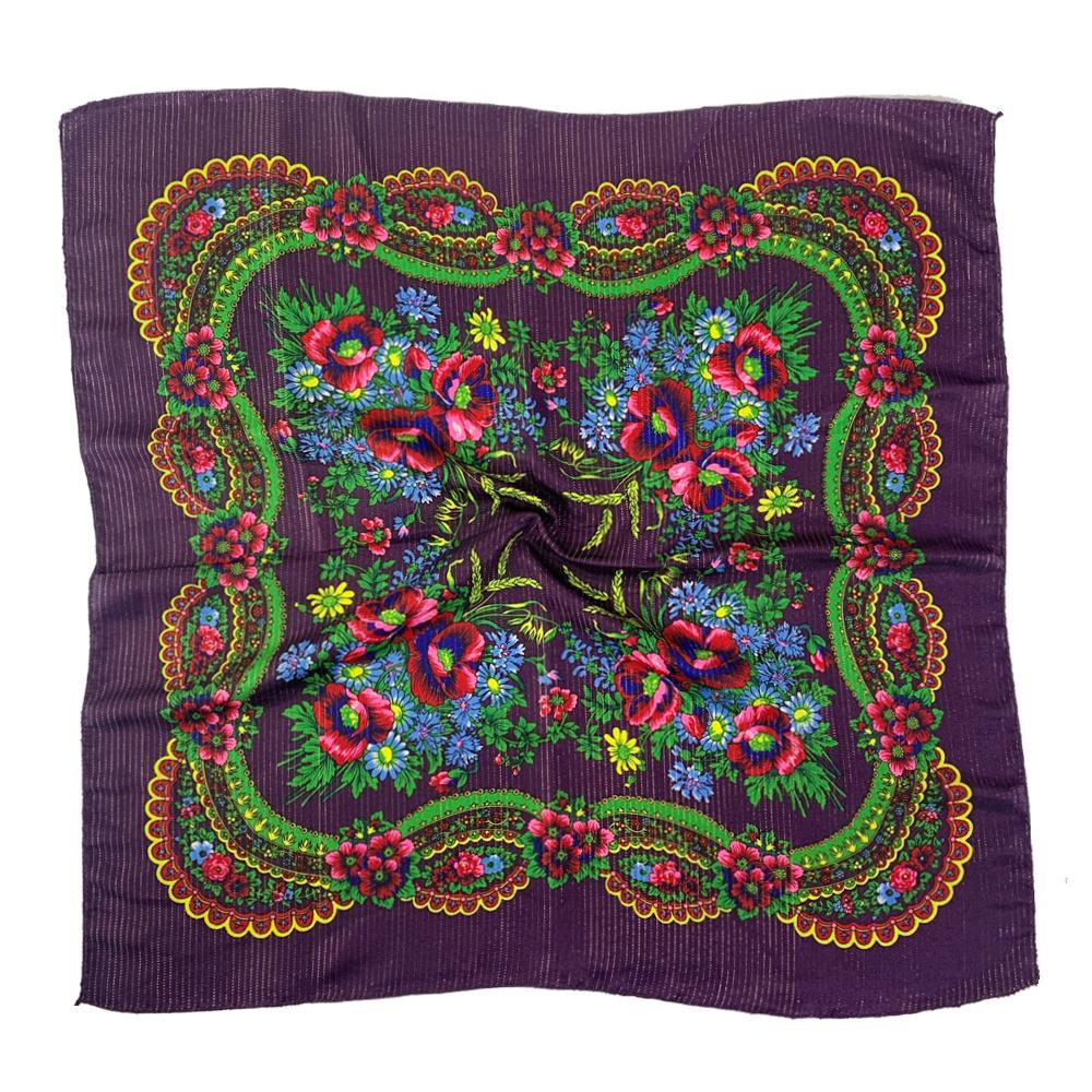 

70см Золотая нить Цветочный принт Русский платок Украинская шаль Бабушка Квадратная бандана Женский головной платок шарф