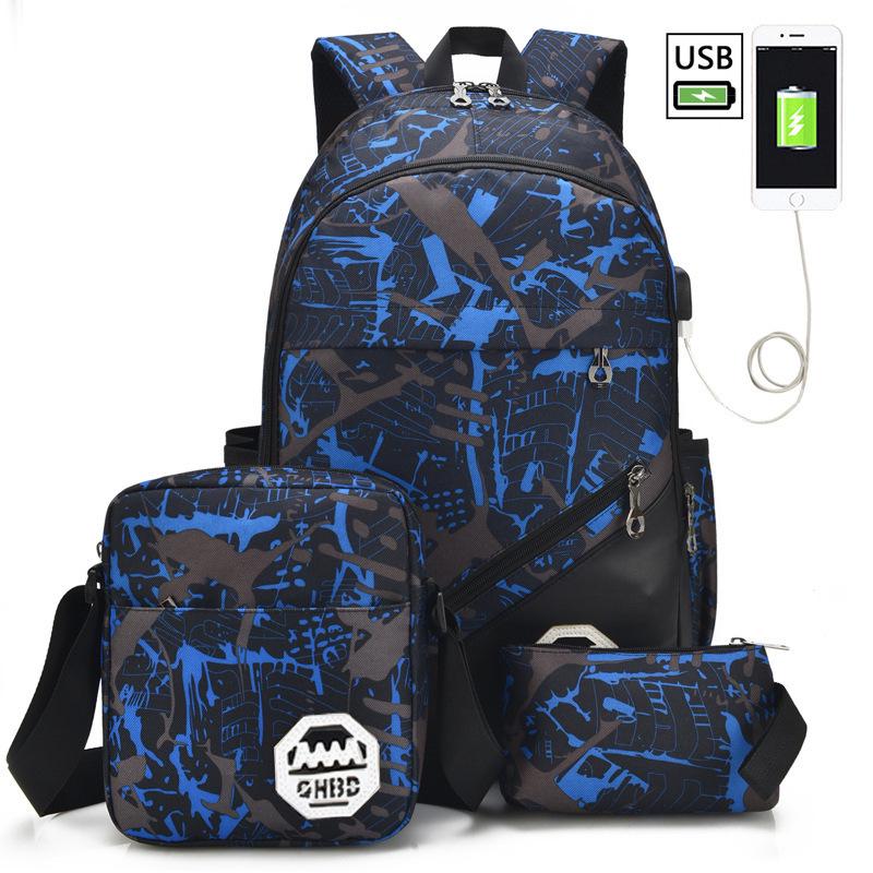 

Graffiti Plaid Backpack Set: 3-Piece Casual Laptop Bag for Male Students