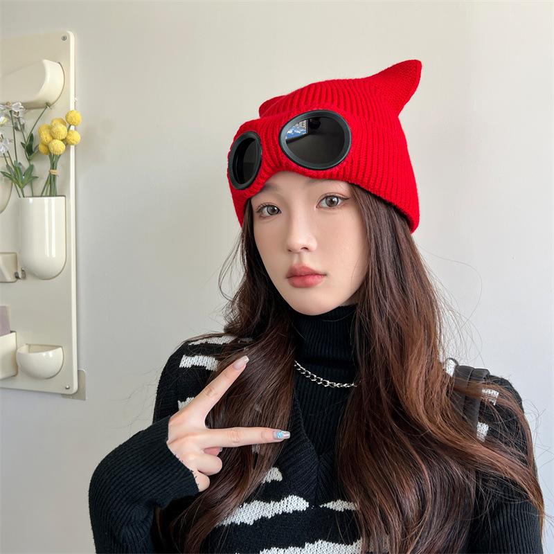 Fashion Cat Ears Knitted Pullover Hat Ladies Autumn and Winter Glasses Wind-proof Cold Fleece Warm Ear Cap