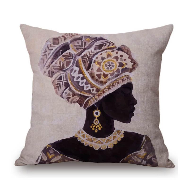 Fashion African Girl Turban Fashion Africa Woman Exotic Decoration Art Sofa Throw Pillow Case Cotton Linen Cushion Cover