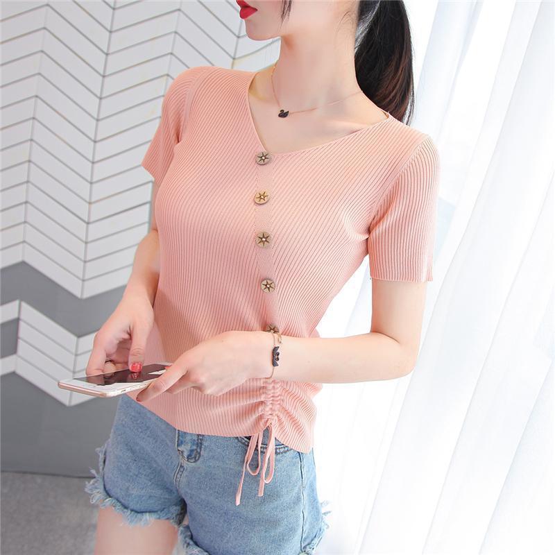 Women's Ice Silk V-neck Tie-Up Short-Sleeve Knitted Top, 2025 Summer Slim-Fit Button Pullover