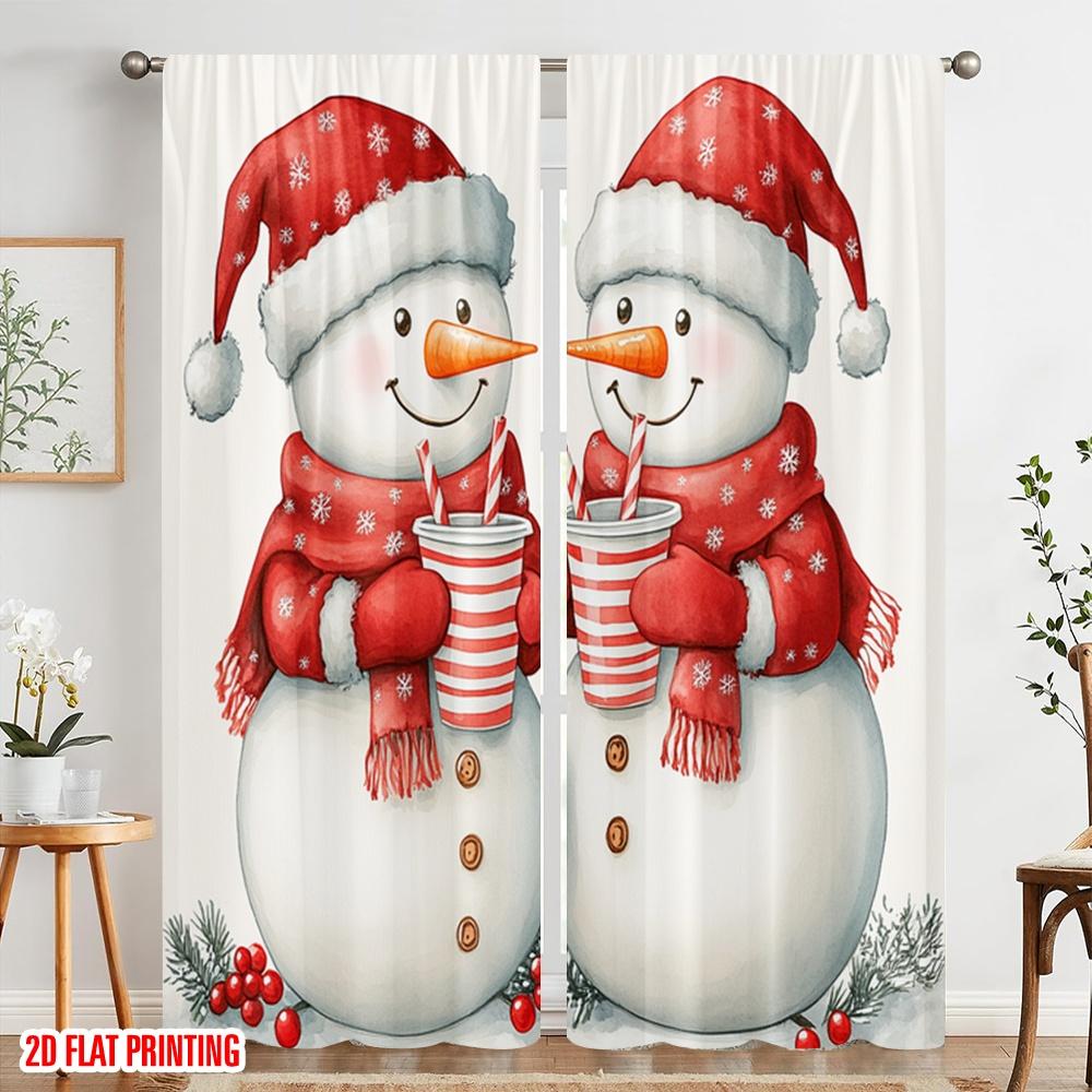 2pcs,2D Plane Printing Creative Curtains Cute Snowman Christmas Winter (2) Durable 100% Polyester Fabric (without Rod) Room