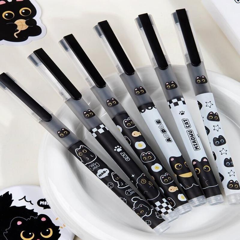 6PCS Black Cat Direct Liquid Rollerball Pen With Mini Needle Smooth Writing Non-Stop Ink Fast Drying And Easy-to-Write Writing