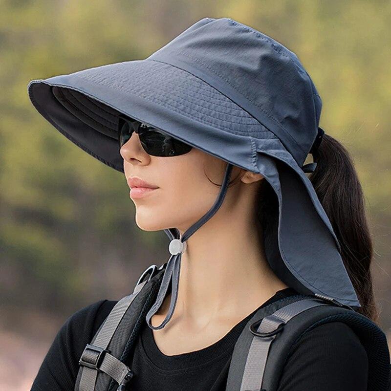 Xinbaoguan 100% Polyester 8062 Summer Outdoor Sunshade Hat, Horsetail Hole Folding Face Shading, WOMEN'S Fisherman Hat