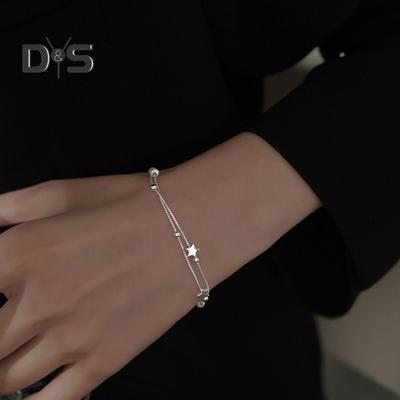 Women Bracelet Double-layered Stacking Star Pendant Bead Polished Pure Color Copper Adjustable Lobster Clip Work Party Dating Wrist Chain Lady Jewelry