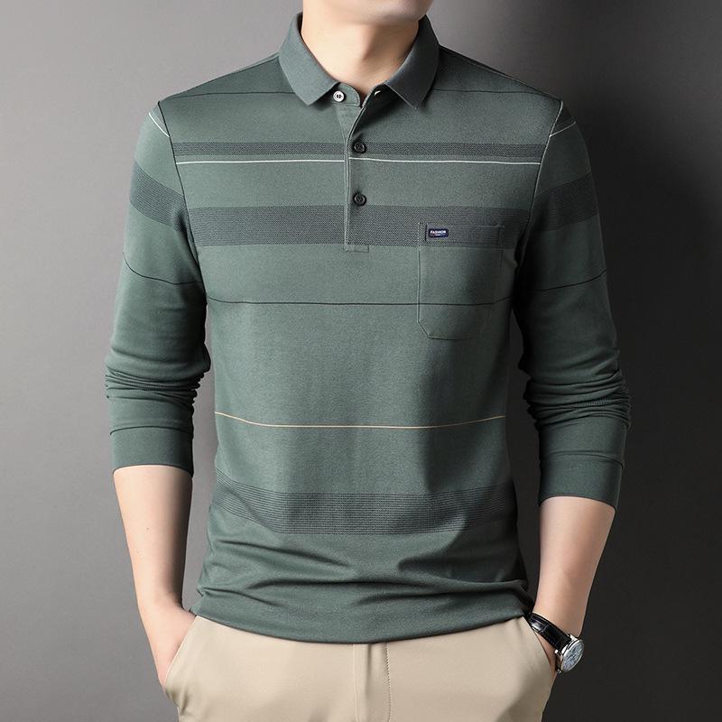 Autumn New Style Long-sleeved POLO Shirt with Pocket, Middle-aged Men's Casual Striped Bottoming T-shirt, Dad's Fashion Trend