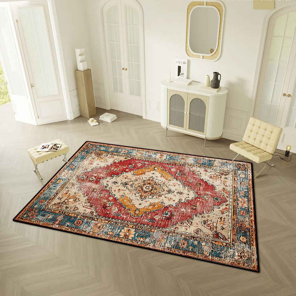Persischer Retro-Stil Wohnzimmerteppich Leichte Luxusdekoration Zuhause Leicht zu reinigende Bodenmatte Schlafzimmer Ankleidezimmer Rutschfester Waschbarer Teppich