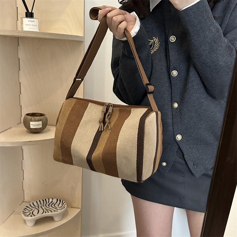 Women's New Fashion and Versatile Crossbody Bag Trendy Large Capacity Striped Casual Shoulder Bag Retro Literary Canvas Bag