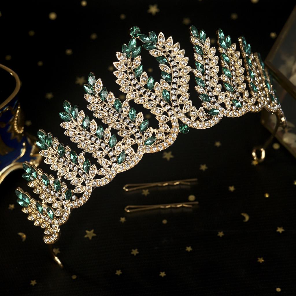Baroque Green Red Crystal Leaf Wedding Tiaras Rhinestone Prom Bridal Diadem Crowns Christmas Party Hair Dress Accessories
