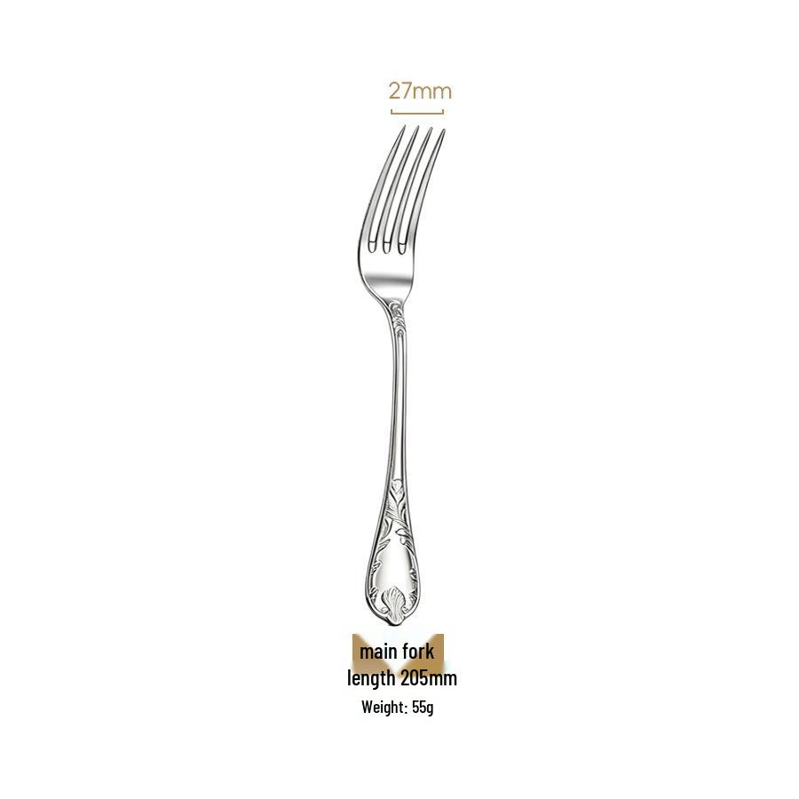 304 Stainless Steel Cutlery Set: French Mirror Finish with Noble Vine Embossed Design - Includes Steak Knife, Fork, Spoon, and Luxury Soup Spoon.