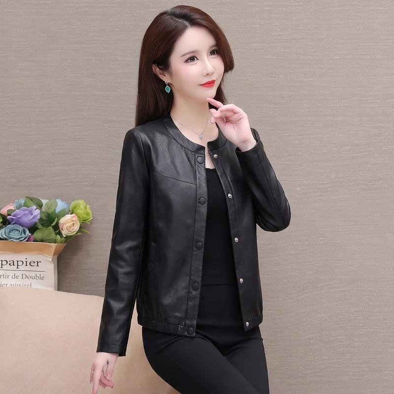 Lässige Lederjacke Damen Kurz Kragenlos Dünn Neue Mode Lokomotive Lederjacke