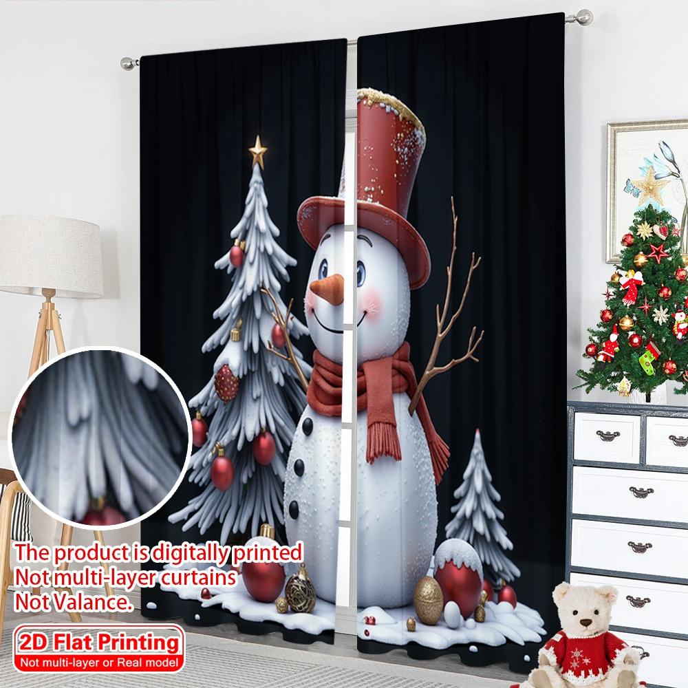 2pcs 2D flat printing Christmas Scene Curtain Happy Snowman Christmas Ornaments Fabric Without Electricity Family Party Use for