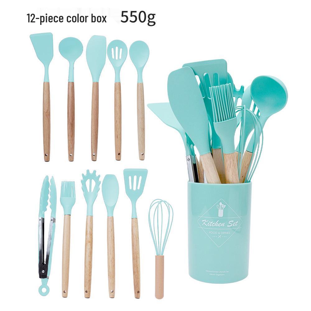 14-Piece Wooden Handle Silicone Kitchen Utensil Set with Storage Bucket for Non-Stick Cookware