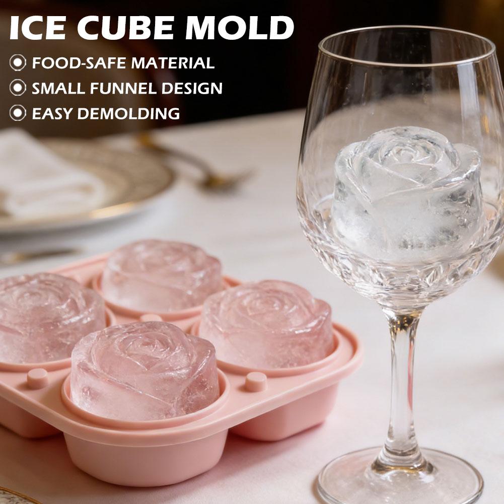 4-Grid Silicone Rose Ice Cube Mold Easy Release Food-Grade Ice Tray for Cocktail Whiskey Juice Ice Ball Maker for Home Party DIY
