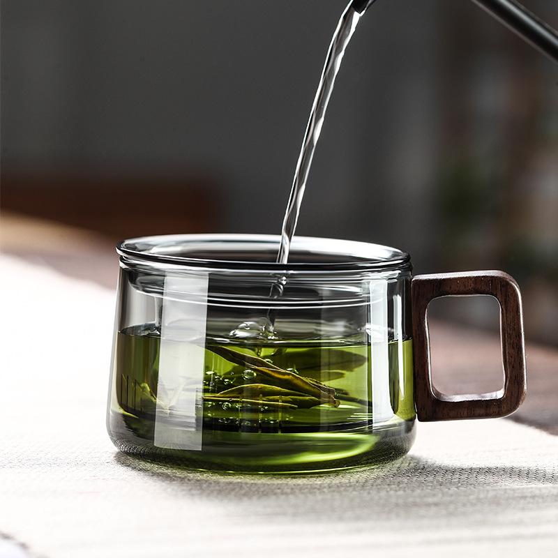 Heat Resistant Glass Mug with Tea Separator 400ml Wooden Handle for Daily Coffee or Tea at Home or Office