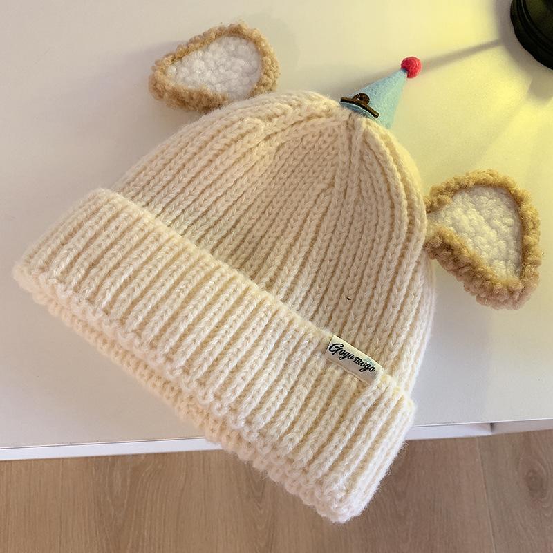 Niedliche Cartoon Plüsch Ohren Strickmütze Damen Herbst und Winter Neu Warm und Vielseitig Lustiges Gesicht Zeigt Kleine Wollmütze