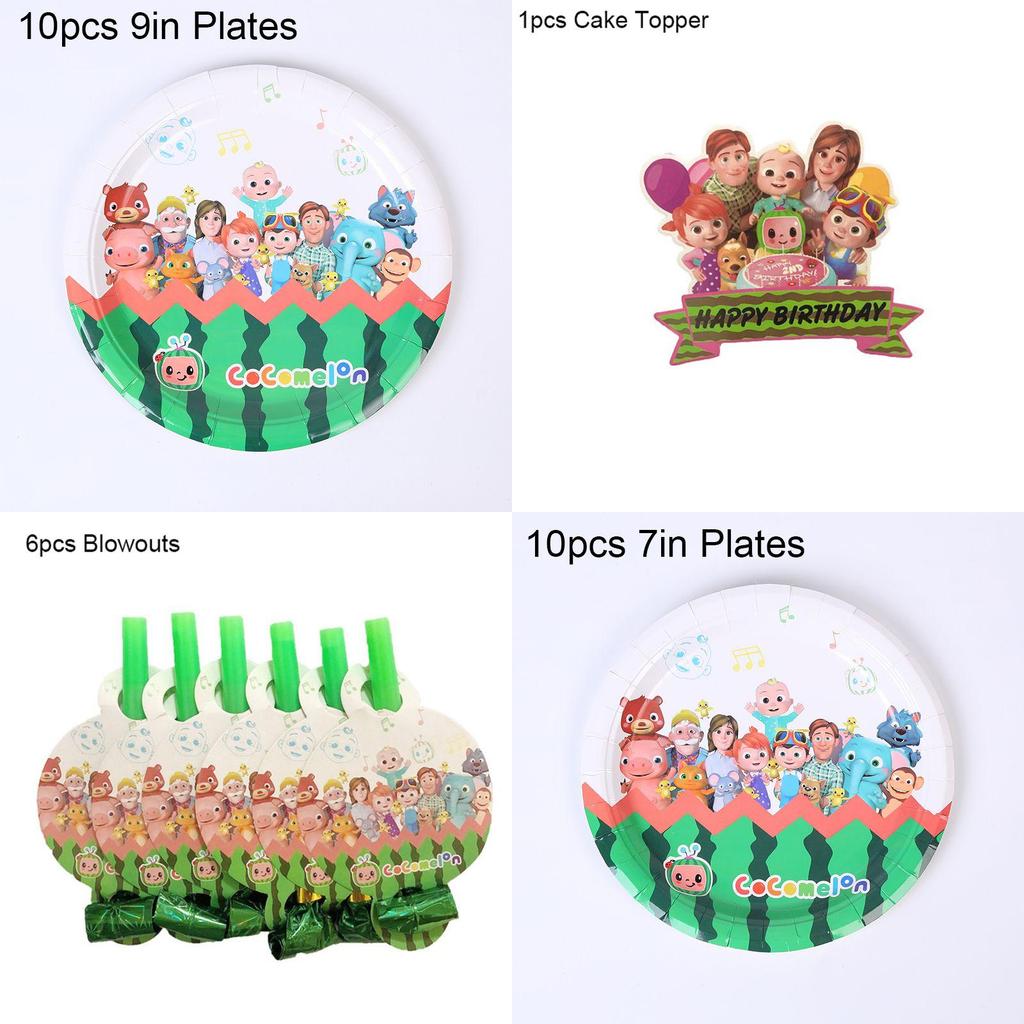Bunte Cocomelon Partyartikel für Kindergeburtstagsfeiern mit Tellern und Bannern