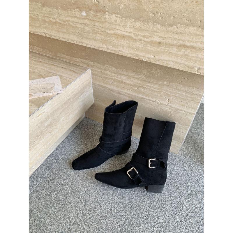 Thick Heel Retro Suede Thin Short Boots Knight Boots Women's Shoes 2025 New Autumn and Winter French Belt Buckle Medium Boots