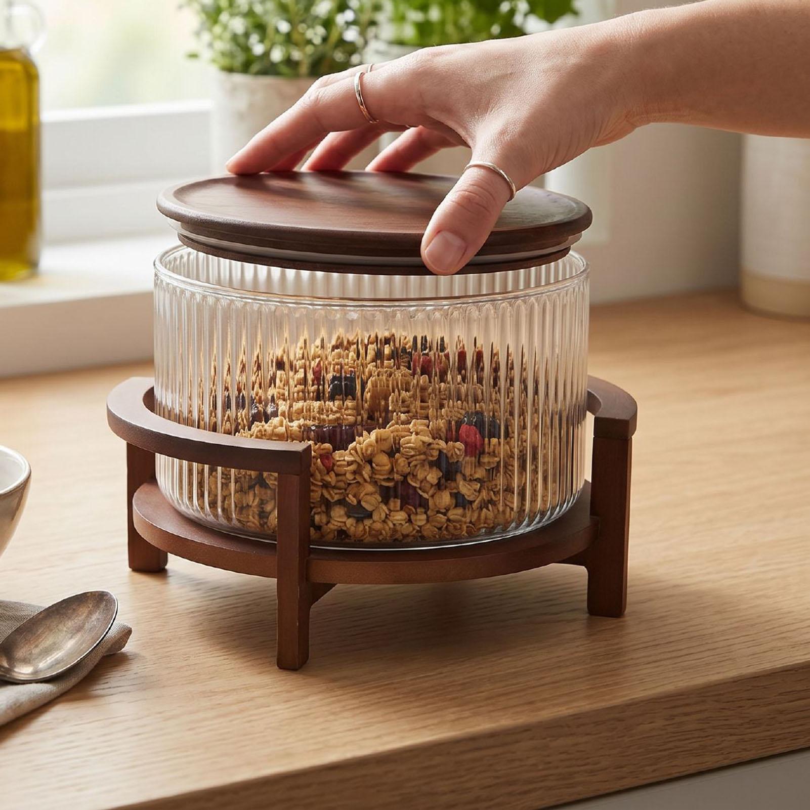 Glass Salad Bowl with Wood Stand