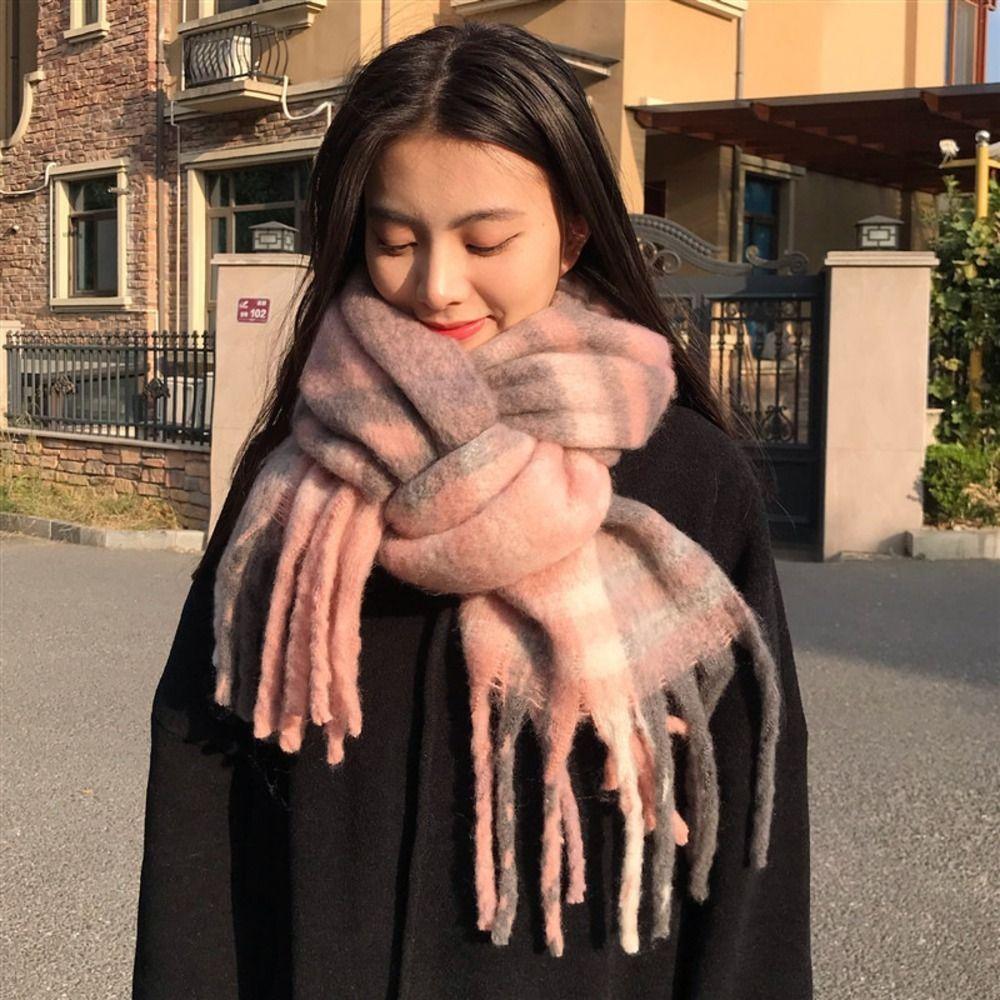 Cold Proof Women Mohair Plaid Scarf Thermal Fall Winter Neck Scarf Warm Tassel Shawl Wrap Students