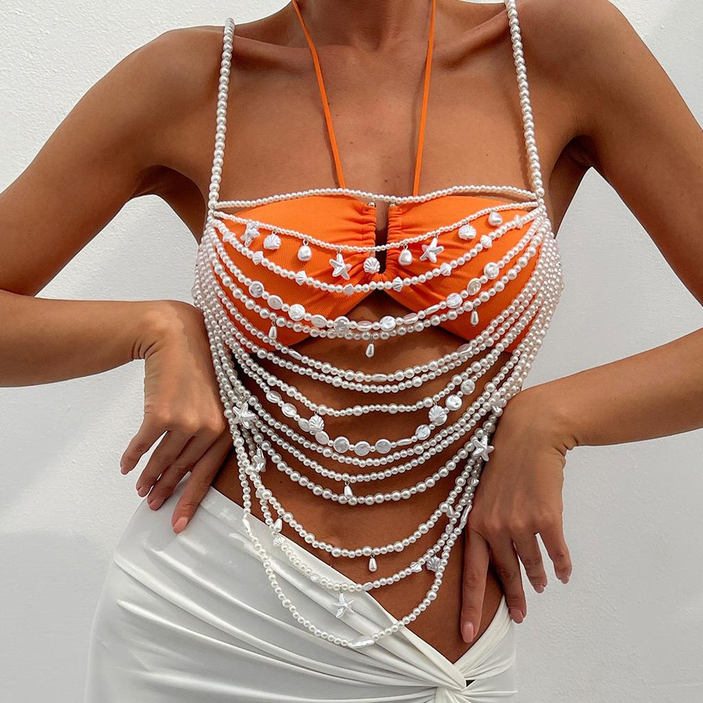 Holiday Style Starfish Scallop Pendant Waist Necklace Sexy Bikini Pearl Braided Body Necklace