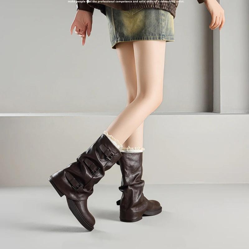 Skinny Medium Boots Children 2025 Autumn and Winter New British Style Retro Belt Buckle Western Boots Inner Heightening Stacking Boots