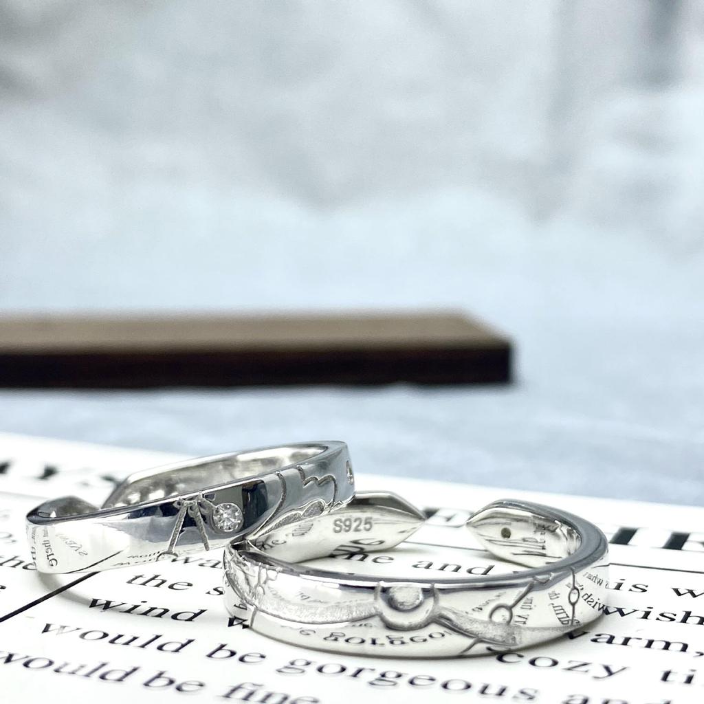 S925 Sterling Silver Star & Moon Couple Rings, Stylish Unisex Design, Perfect for Qixi Festival or Valentine's Day Gift