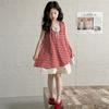 Girls Summer Plaid Sleeveless Dress Korean Cute Strap Dress for Big Kids