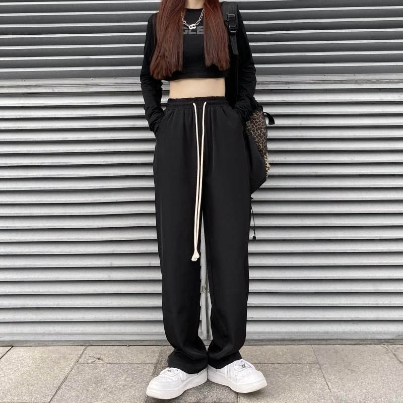 New Summer Draped Casual Pants for Women Black Versatile Drawstring Straight Trousers Loose Wide-leg Pants