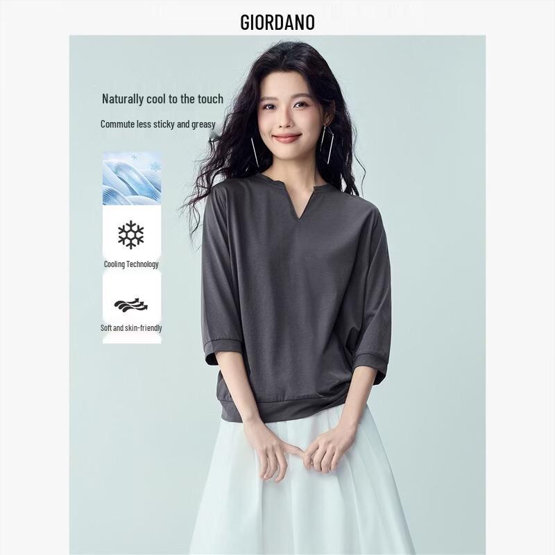 Giordano Women s Loose-fit V-Neck 3/4 Sleeve Cool-Tech T-Shirt M
