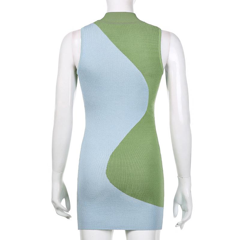 Síťový trend Nové geometrické prošívání Kontrast barvy Tenký balíček Tužková sukně s kulatým výstřihem sukně bez rukávů Pletené dámské šaty