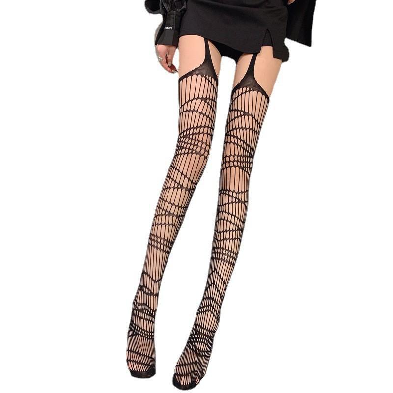 Sexy Dark Punk Fishnet Garters: Japanese Y2K Style Black Silk Stockings