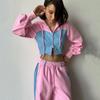 Women's Color Blocked Fashion Set Sexy Waist Hooded Cross Color Cardigan Sports Pants Two Piece