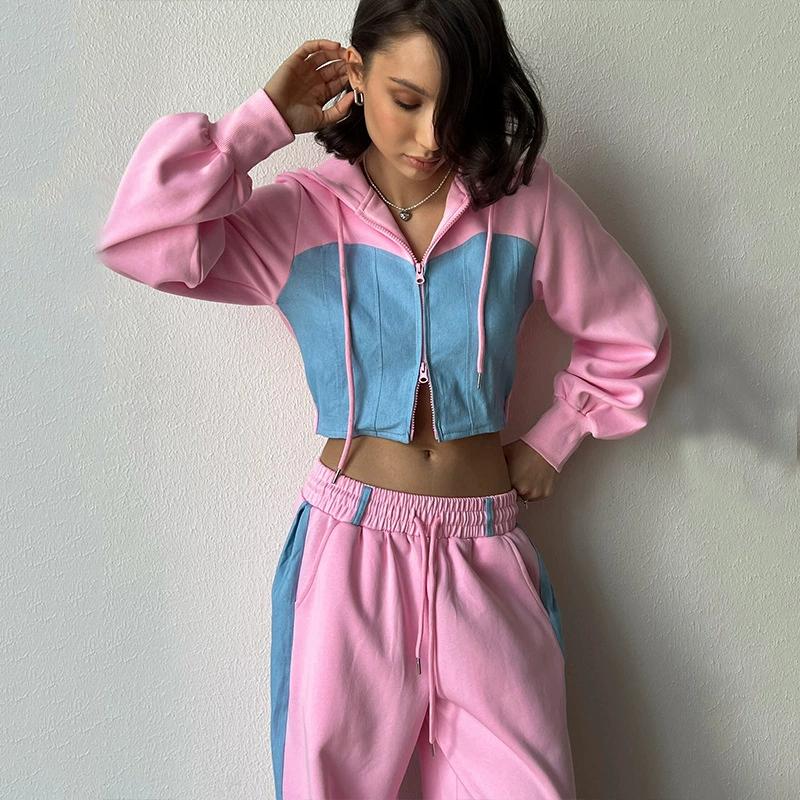 Women's Color Blocked Fashion Set Sexy Waist Hooded Cross Color Cardigan Sports Pants Two Piece