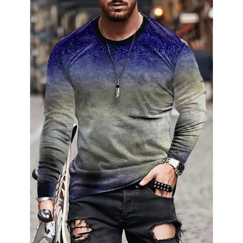 Vintage T-Shirt for Men Irregular Plaid Graphic T Shirts Round Neck Long Sleeve Tee Oversized Man Clothing Top Creative Clothing