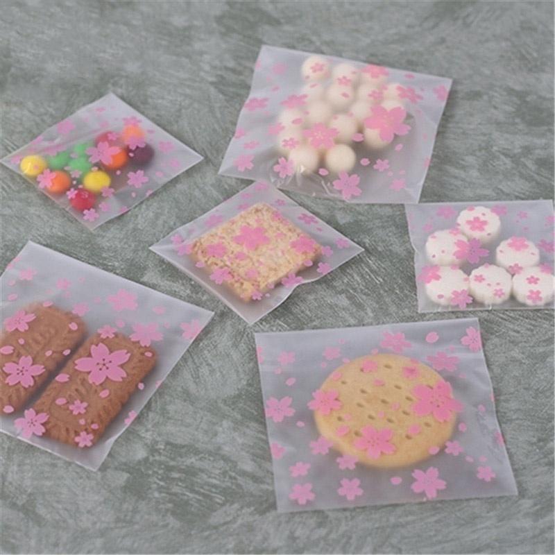 100pcs Pink Transparent Cherry Blossoms Mini Self Adhesive Scrub Opp Bags DIY