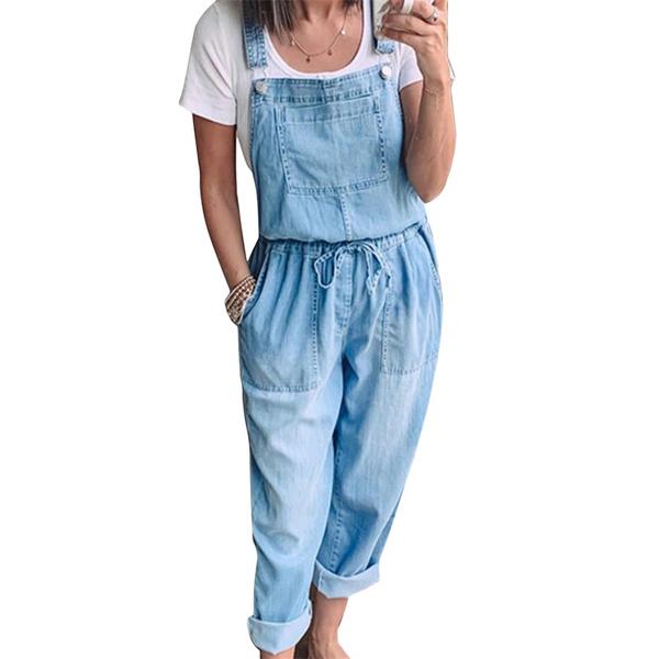 

Ladies Pure Colors Casual Denim Jumpsuit Loose Long Romper Bib Pants Overalls Jeans for Women String Waist Jumpsuit 3XL