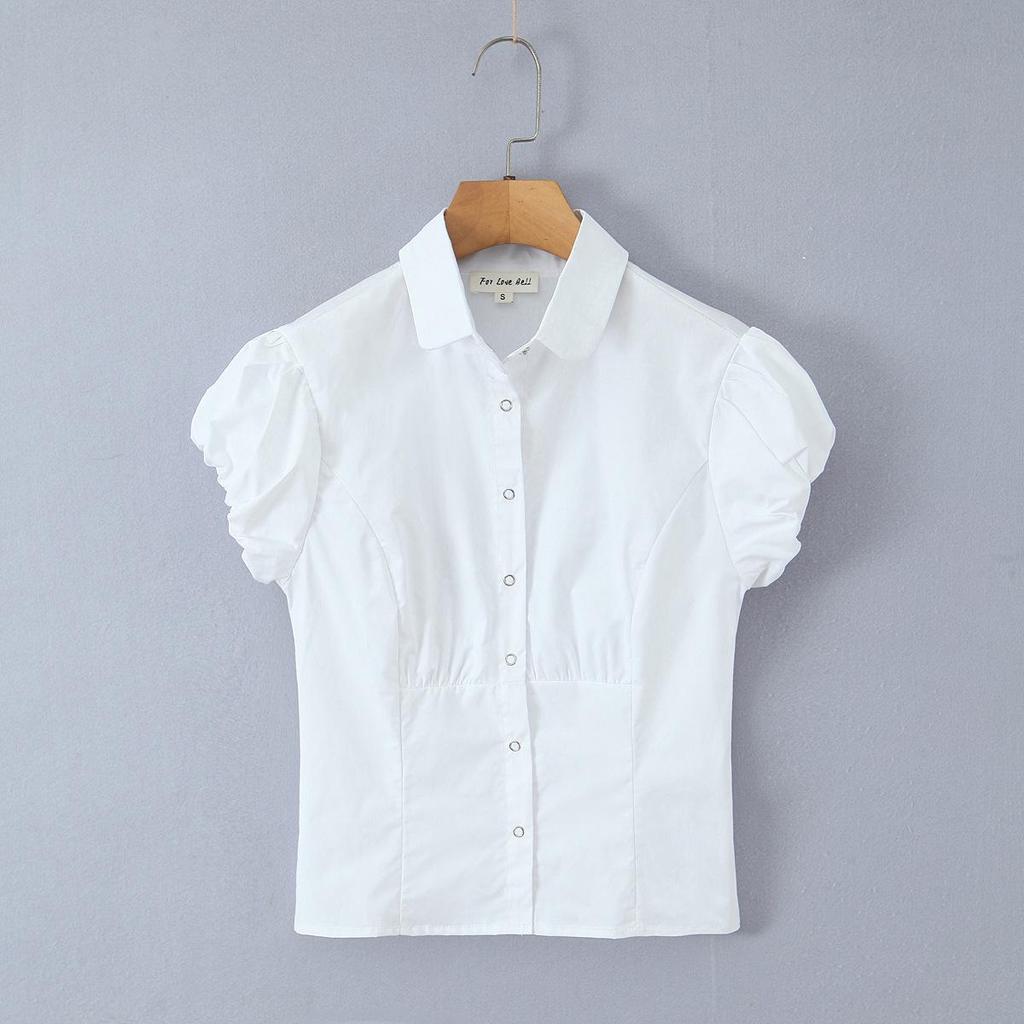 2026 Spring Women's Retro Puff Sleeve Waist-Cinched Shirt