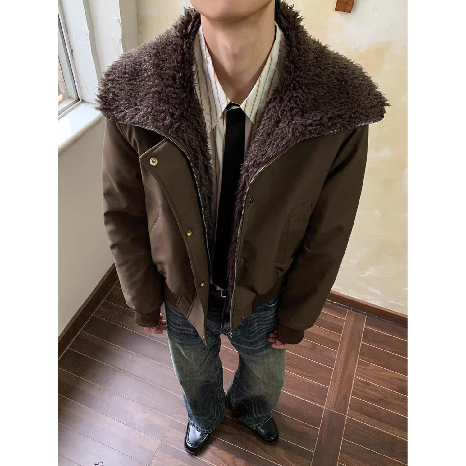 Унисекс укороченная стеганая куртка с меховым воротником - Осень и Зима Бомбер L коричневый