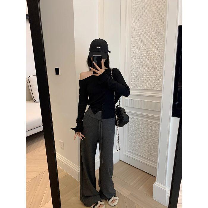 Autumn 2025 Women's High-Waisted Wide-Leg Floor-Length Sweatpants: Loose-Fit, Casual, Draped Style.