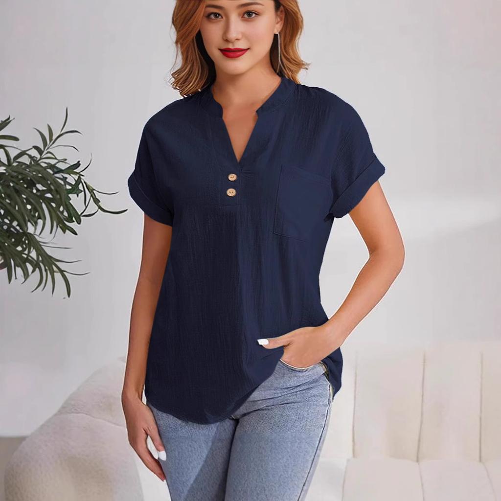 Women's Solid Color V-neck Short Sleeve Button Shirt In Breathable Cotton Linen with Washed Wrinkle, Fashionable European/American Style