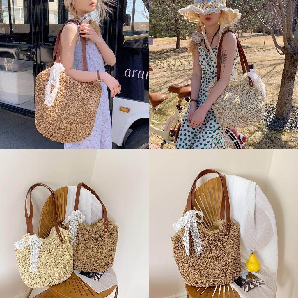 Simple Solid Color Large Capacity Women Casual Woven Tote Bag For Daily Use